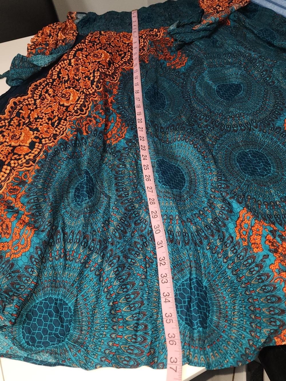 Bohemian Teal and Orange Circle Skirt with Tie Waist - Picture 7 of 8